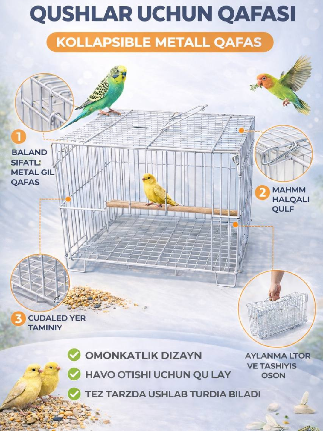 Qushlarni tashish uchun qafas - yengil, mustahkam va qulay transport qutisi 23*16*16sm - 