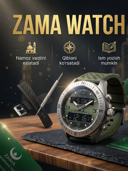 Часы с сапфировым стеклом ZAMA WATCH, напоминание о времени намаза, противоударные - 