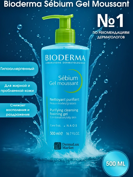 Yogli teriga yuvish geli, akne, qora nuqtalarga qarshi,tozalovchi-Sébium Gel Moussant, 500 ml - 