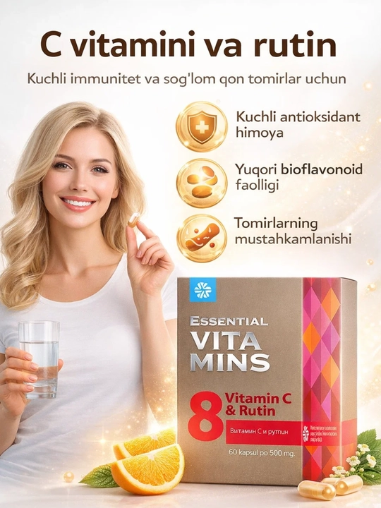 Essential Vitamins C vitamini va Rutin immunitet va qon tomirlar uchun 60 kapsula 500 mg 