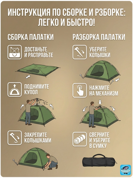 Палатка туристическая автоматическая (200х200х135 см). 4-местная, быстросборная