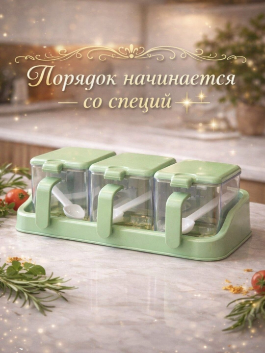 Органайзер для специй, 3 в 1, с ложками и крышками, пластиковый, на подставке - 