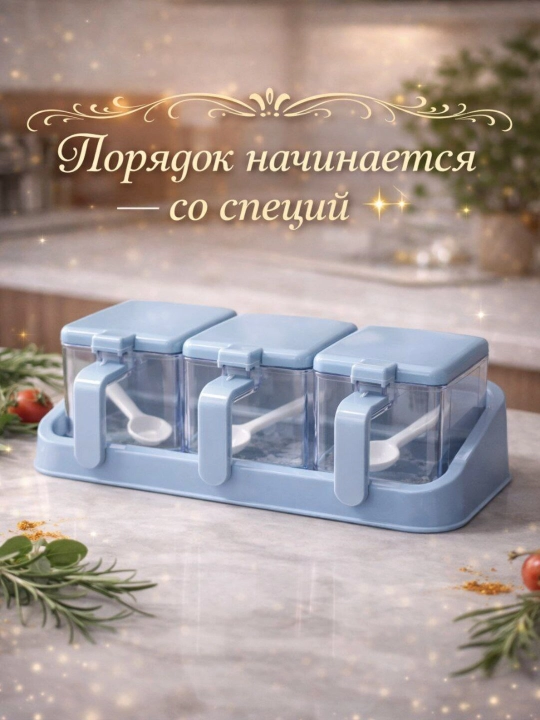 Органайзер для специй, 3 в 1, с ложками и крышками, пластиковый, на подставке - 