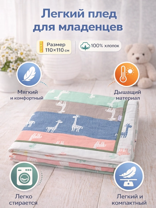 Плед детский, одеяло детское, плед покрывало, муслин, 100% хлопок, 110×110см
