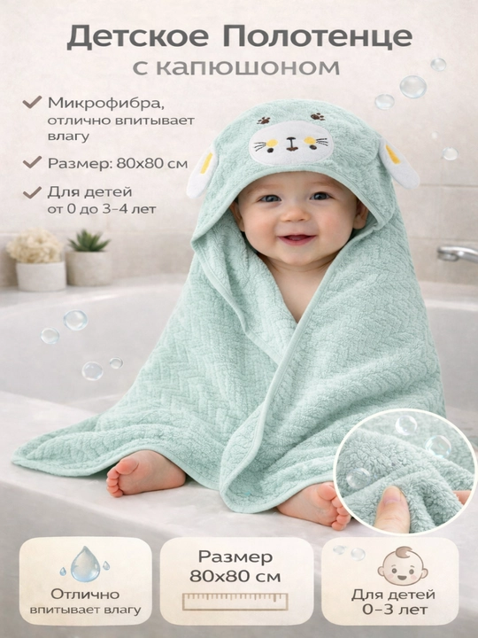 Детское полотенце-плед с капюшоном, флисовое, 100% микрофибра, с ушками, 80×80 см - 
