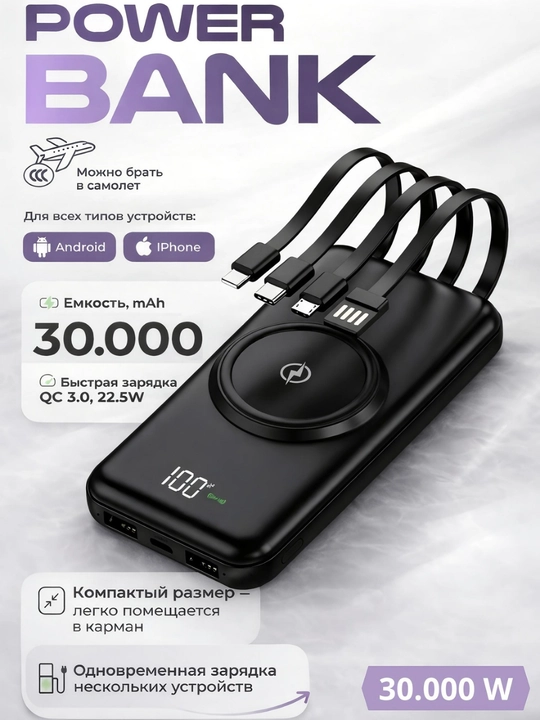 Simsiz zaryadlovchi power bank, zamonaviy dizayn, 4 ta kabel bilan
