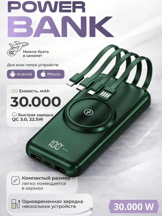 Simsiz zaryadlovchi power bank, zamonaviy dizayn, 4 ta kabel bilan