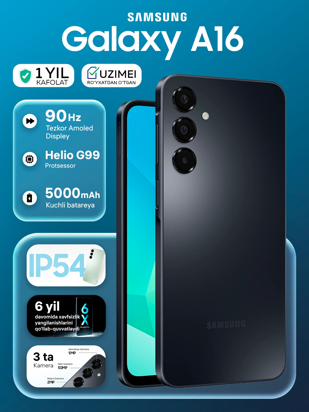 Смартфон Samsung Galaxy A16, Super AMOLED, 90Hz 6.7", 50 MP за 2039000 сум со скидкой 27%. Uzum Market