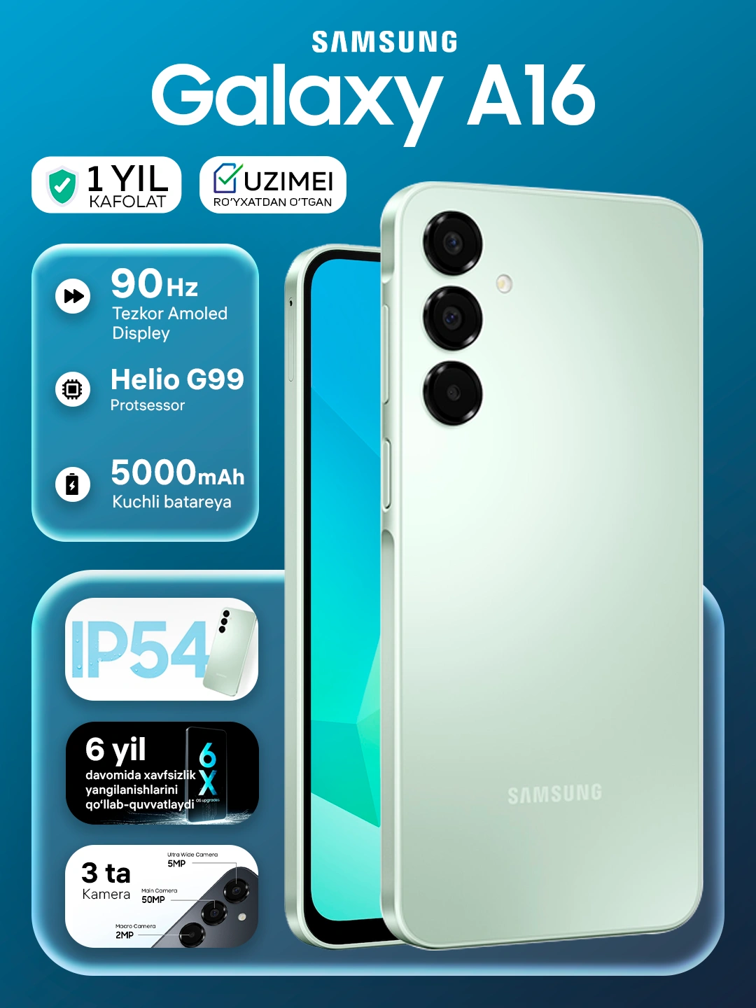 Смартфон Samsung Galaxy A16, Super AMOLED, 90Hz 6.7", 50 MP за 1999000 сум со скидкой 29%. Uzum Market