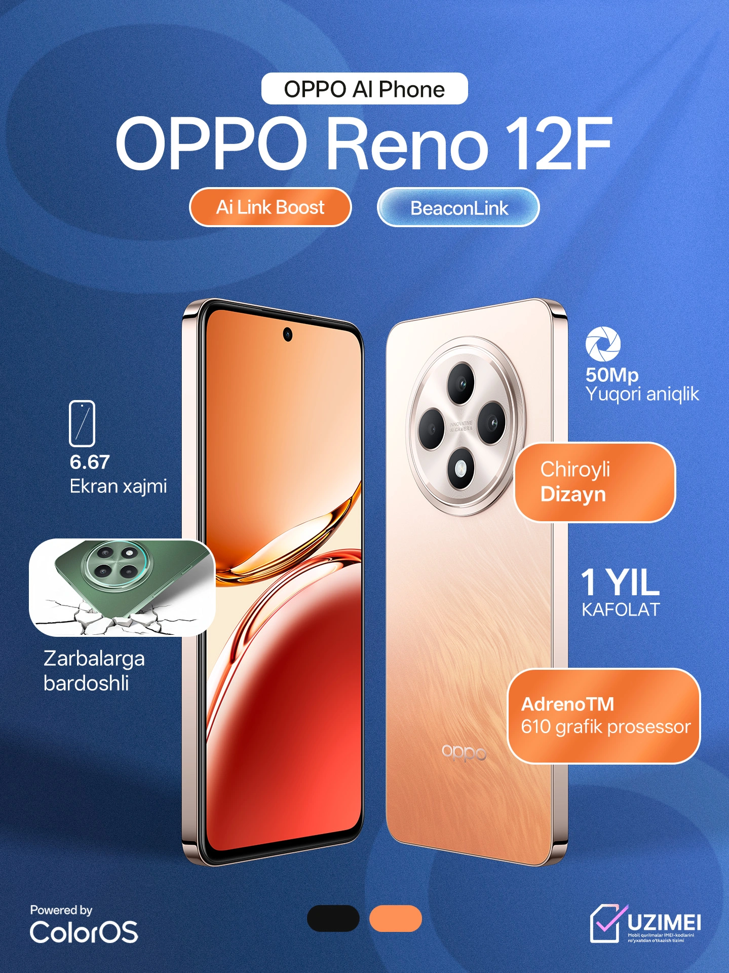 Смартфон OPPO Reno 12F 8/256GB, 8/512GB, Манго/Хром, Dual Nano sim, 1 год гарантии за 2990000 сум со скидкой 13%. Uzum Market