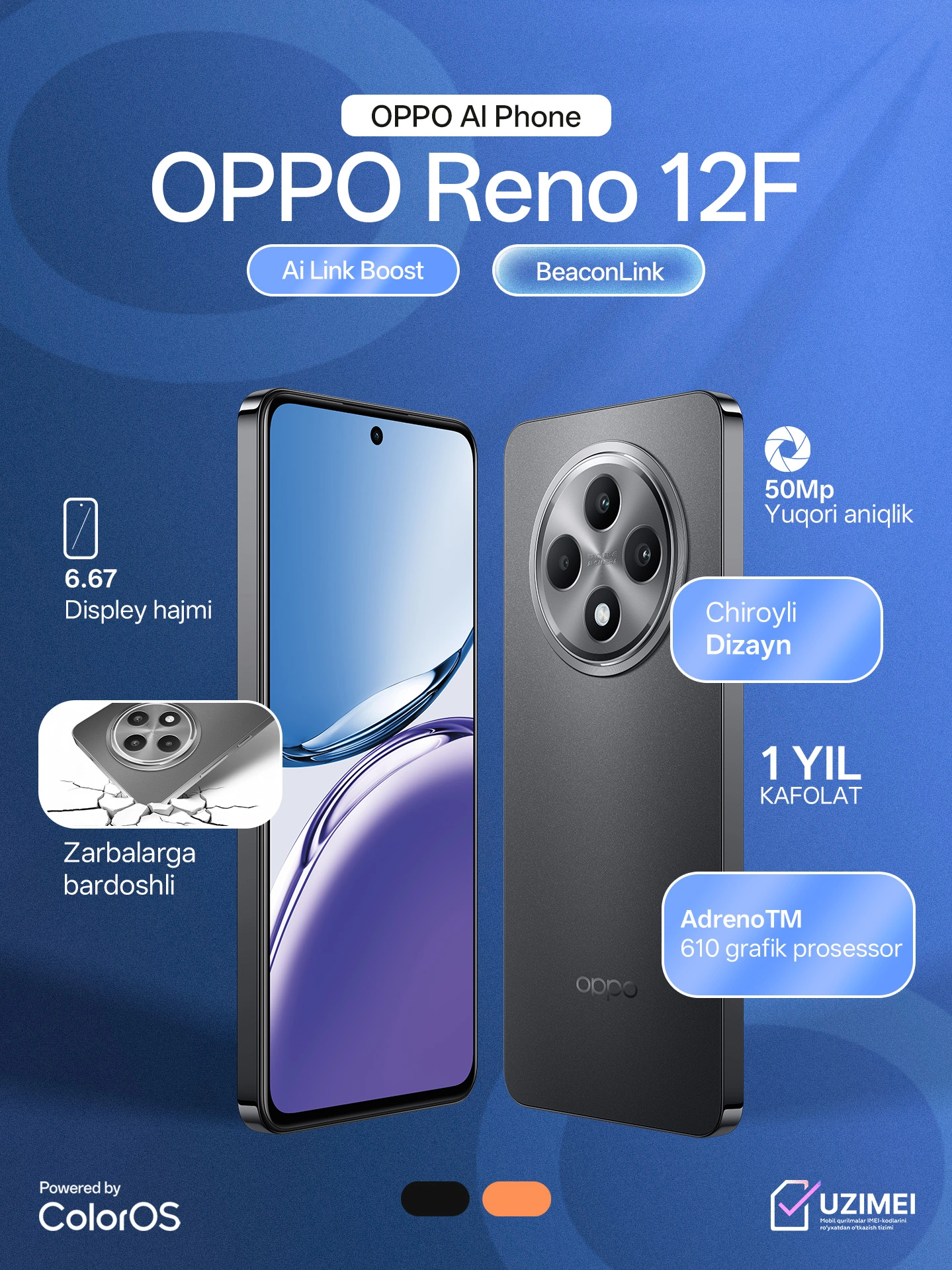 Смартфон OPPO Reno 12F 8/256GB, 8/512GB, Манго/Хром, Dual Nano sim, 1 год гарантии за 2790000 сум со скидкой 19%. Uzum Market