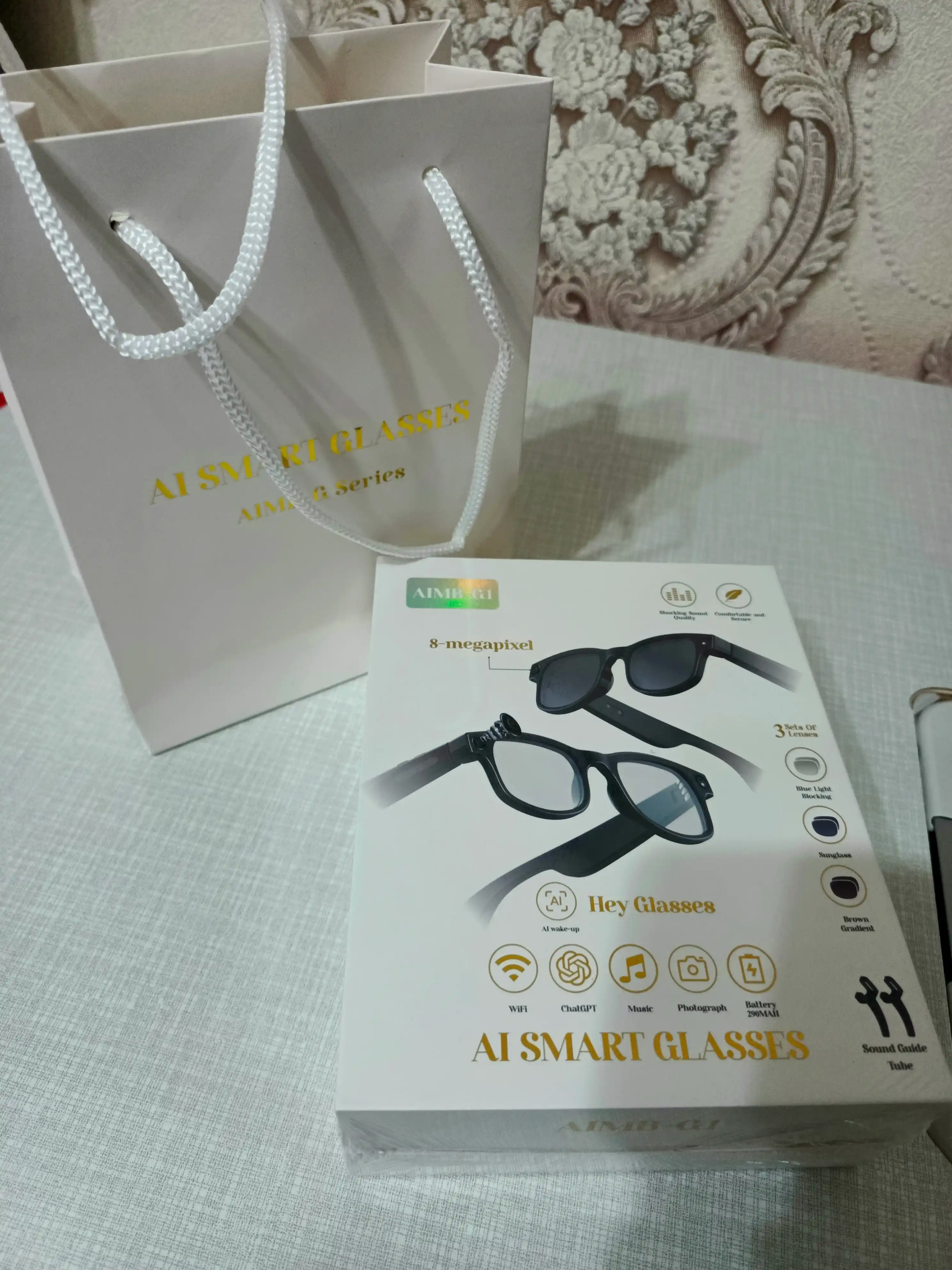 AI Smart Glasses 8MP — ChatGPT, камера, Wi-Fi, Bluetooth, 3 сменные линзы