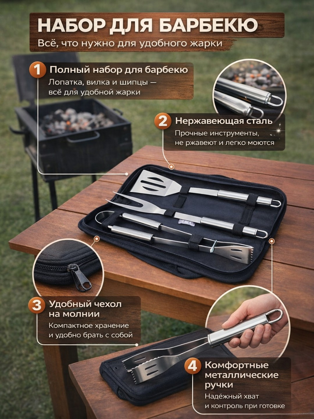 Zanglamaydigan po‘latdan tayyorlangan barbekyu va gril uchun asboblar to‘plami - 