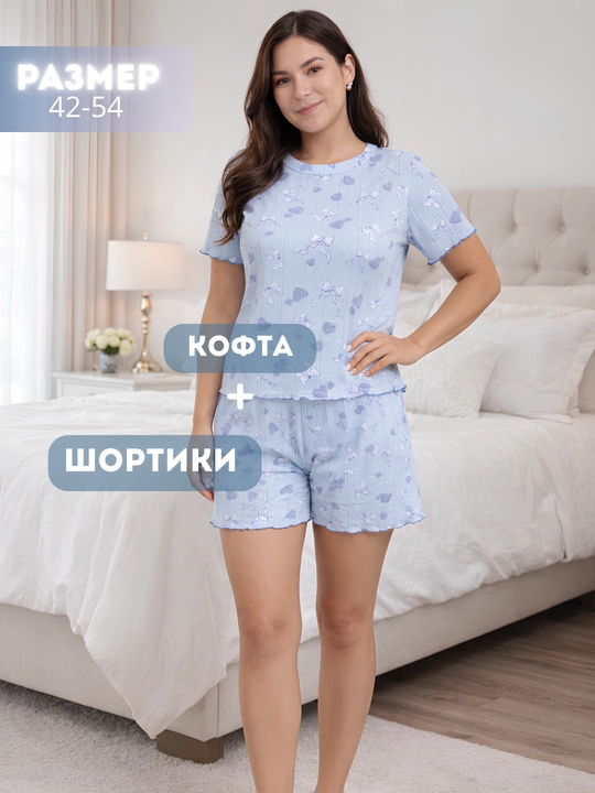 Ayollar pijamasi, shortili futbolka, ayollar kiyimi, uy kiyimi, paxtali pijama
