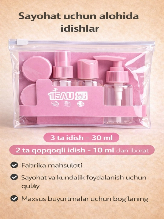 Kosmetika uchun yo‘lga mo‘ljallangan flakon va bankalar to‘plami, 2, 4, 6 va 8 dona flakon - 