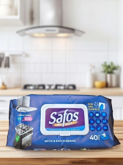 Safos antibakterial nam salfetkalari: oshxona va barcha yuzalar uchun, limonli, 40 dona