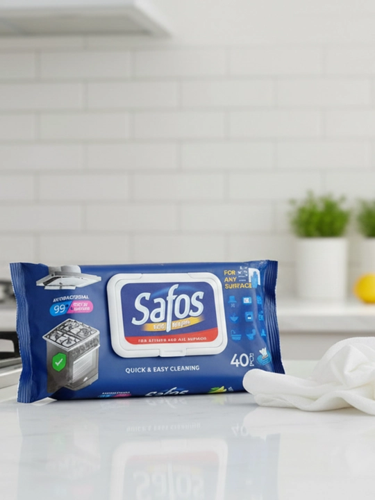Safos antibakterial nam salfetkalari: oshxona va barcha yuzalar uchun, limonli, 40 dona