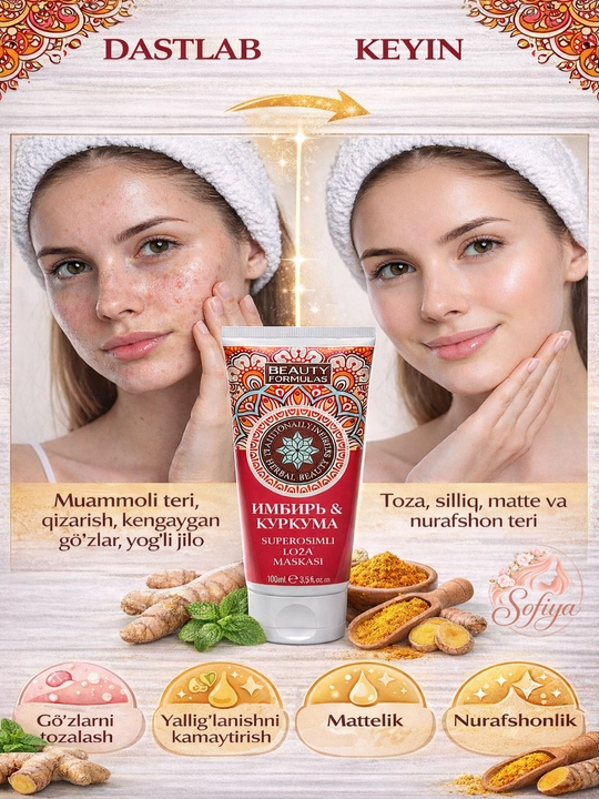 Yuz uchun Beauty Formulas gilli niqobi zanjabil va zarchava bilan, 100 ml