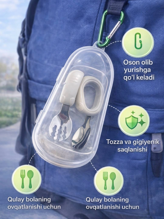 Bolalar uchun qoshiq va vilka, saqlash qutisi bilan, oq rang bolalar uchun qulay