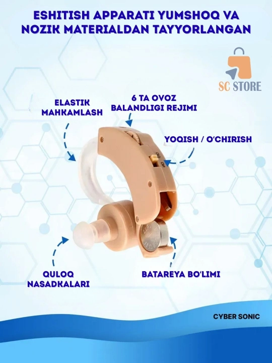 Keksa va zaif eshituvchilar uchun CybSon batareyali ovoz kuchaytirgichli eshitish apparati