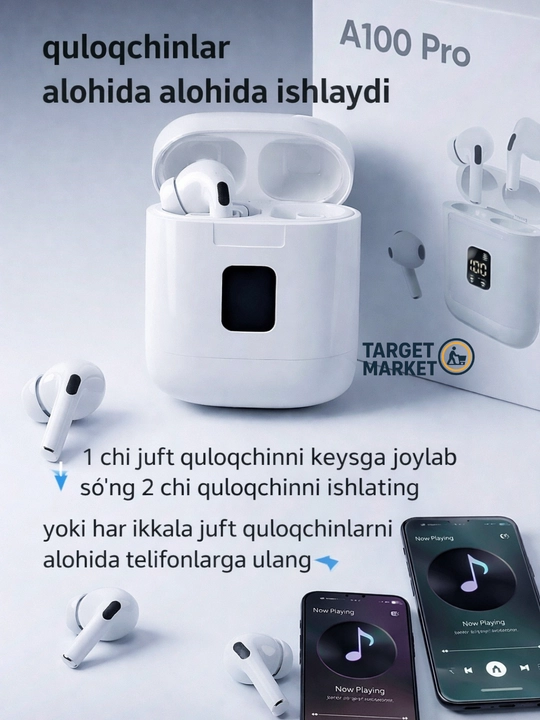 Simsiz quloqchinlar TWS A100 Pro 2 in 1 vakuum qistirmalar va g‘ilof