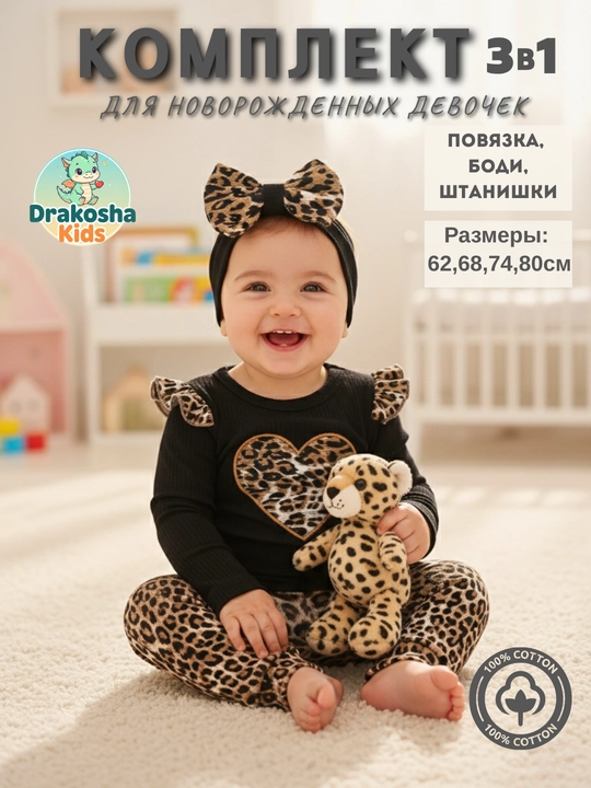 Комплект для новорожденных девочек (боди, штанишки, повязка), 100% хлопок - 