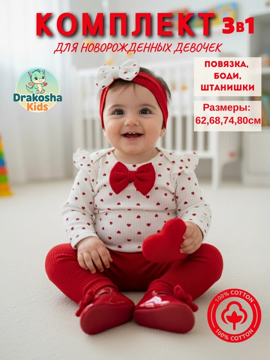 Комплект для новорожденных девочек (боди, штанишки, повязка), 100% хлопок - 