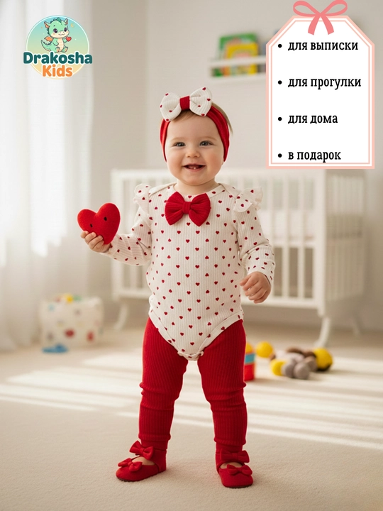 Комплект для новорожденных девочек (боди, штанишки, повязка), 100% хлопок