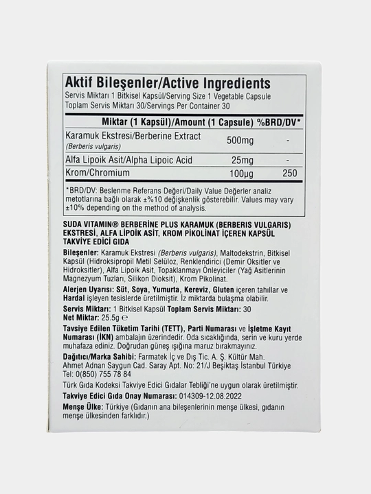 Suda Berberine Plus 500 mg + Chromium & Alpha Lipoic Acid, 30 kapsula