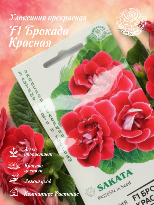 Семена "Глоксиния Брокада красная F1", 4 шт, элитные сорта и гибриды "Sakata"