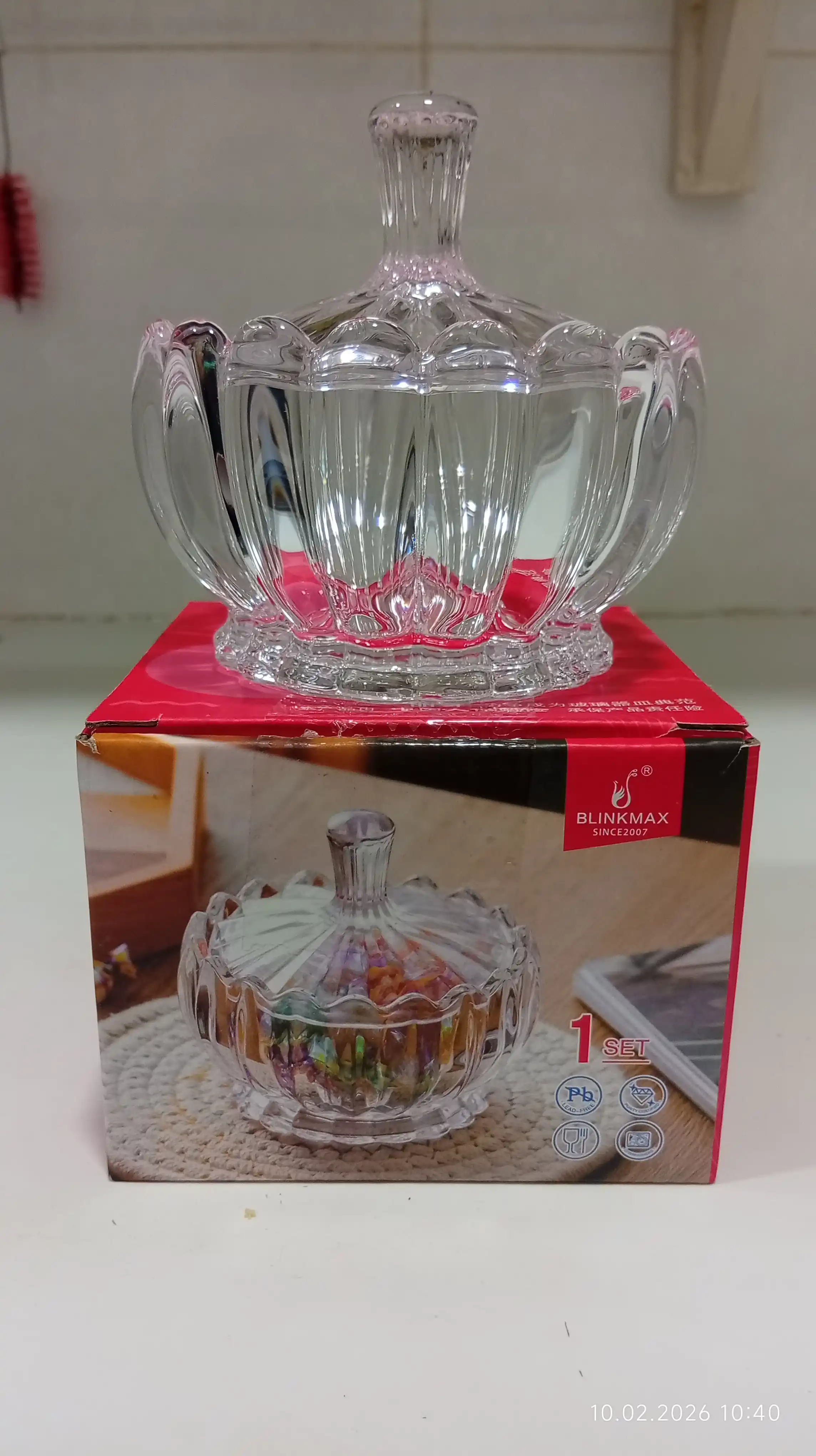 Shakar idishi, qand shisha, shaffof, zarg'aldoq rangda