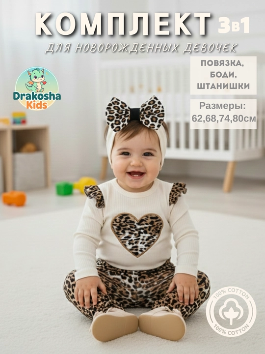 Комплект для новорожденных девочек (боди, штанишки, повязка), 100% хлопок - 