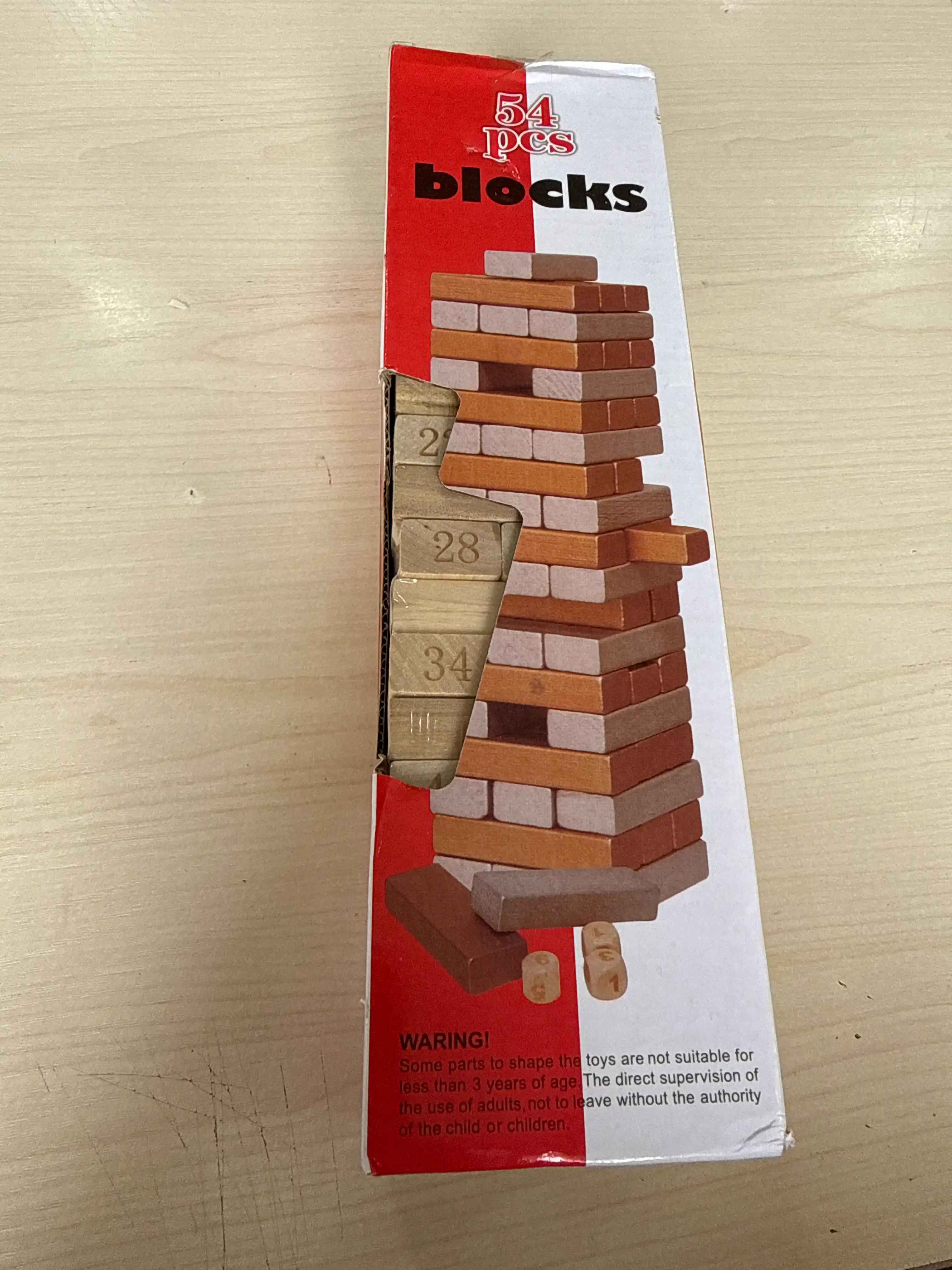 Stol o'yini Jenga, qulayotgan minora, do'stlar va oila uchun, sargish, 54 yog'och bloklari
