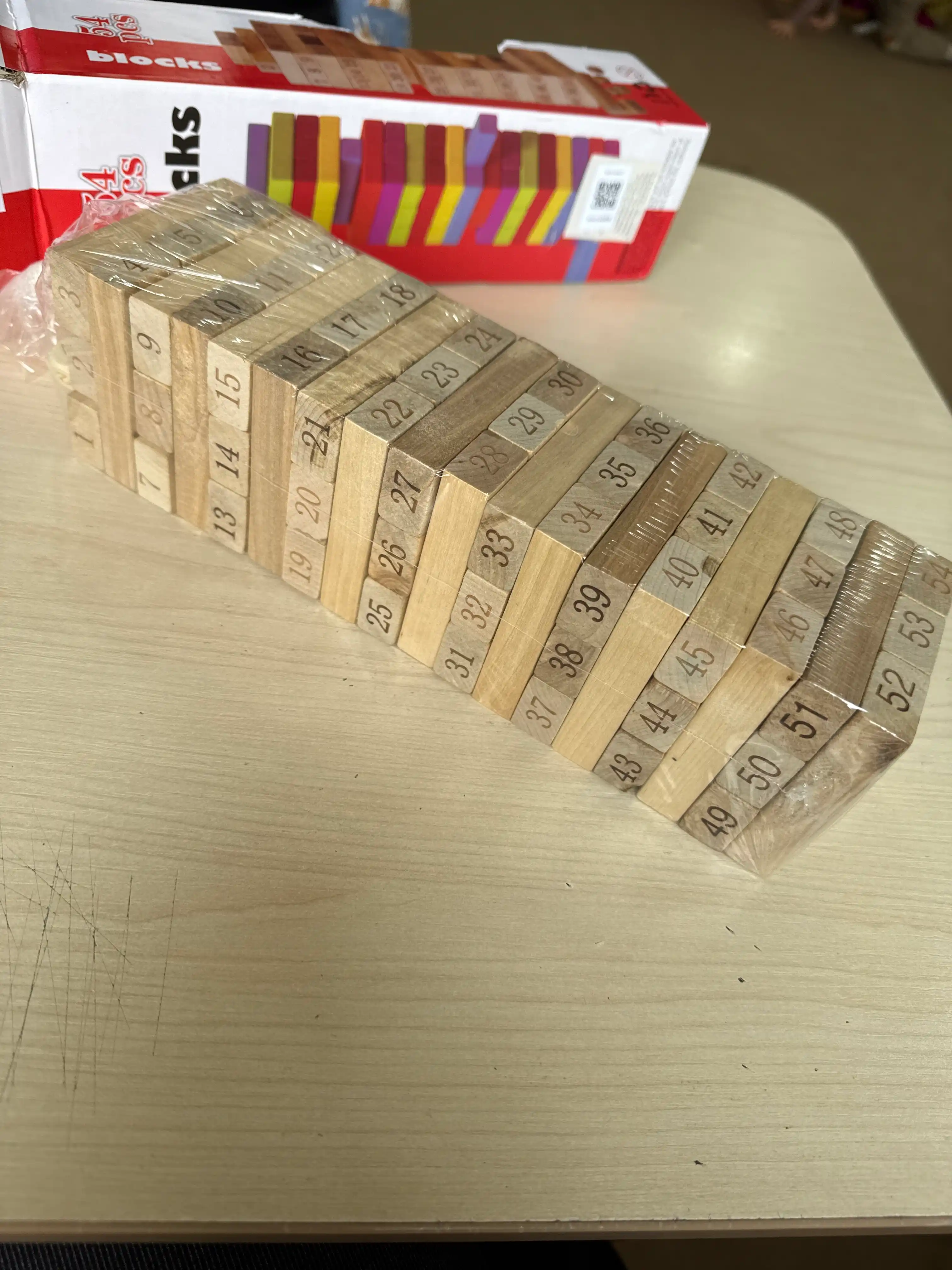 Stol o'yini Jenga, qulayotgan minora, do'stlar va oila uchun, sargish, 54 yog'och bloklari