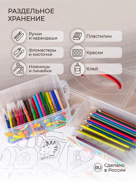 Коробка с ручкой и декором, аптечка, канцелярские, швейные принадлежности