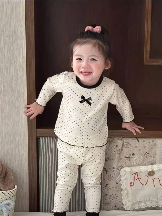 Детская домашняя одежда, пижама бант в горошек, для девочек пижама