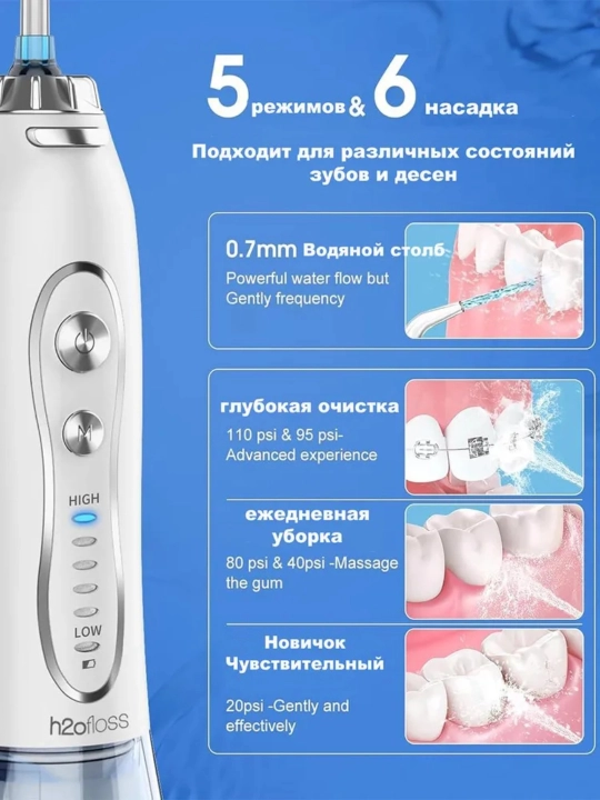 Портативный ирригатор для полости рта H2OFloss – Профессиональный уход за зубами и дёснами, 8 насадок