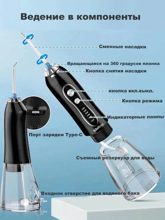Портативный ирригатор для полости рта H2OFloss – Профессиональный уход за зубами и дёснами, 8 насадок