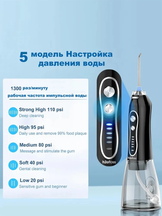 Портативный ирригатор для полости рта H2OFloss – Профессиональный уход за зубами и дёснами, 8 насадок