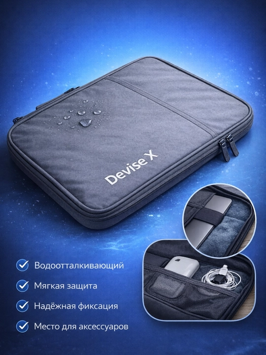 Devise X noutbuk g‘ilofi 14 dyuymgacha, suv o‘tkazmaydigan, yumshoq himoya va cho‘ntakka ega