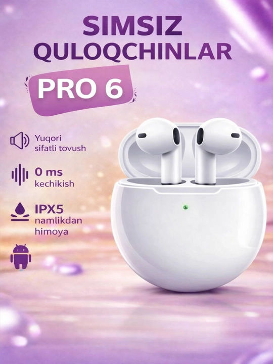 Simsiz quloqchinlar, Pro 6, sensorli, iPhone va Android uchun - 