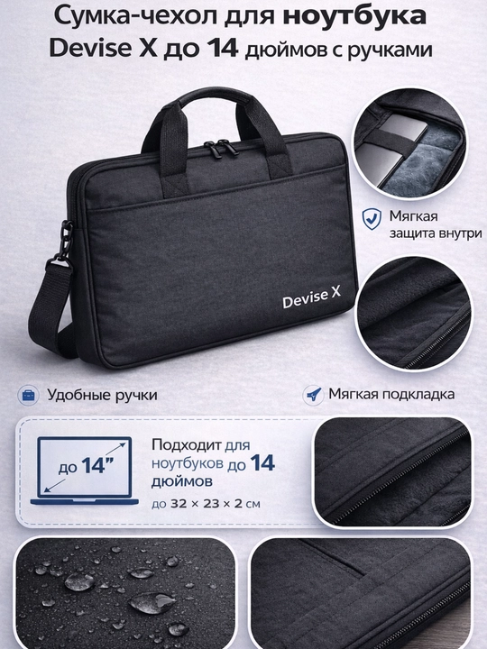 Devise X noutbuk uchun sumka-g‘ilof 14 dyuym qo‘l tutqichli yumshoq himoya - 