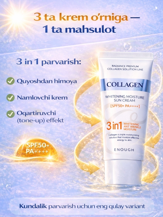 Oqartiruvchi ajinga qarshi quyoshdan himoya kollagenli SPF krem Enough 3 in 1,PA+++, 50 ml