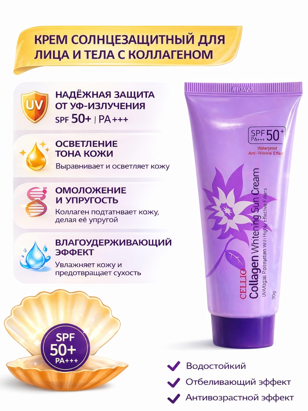 Солнцезащитный кремы Cellio SPF 50+, подходит для всех типов кожи - 
