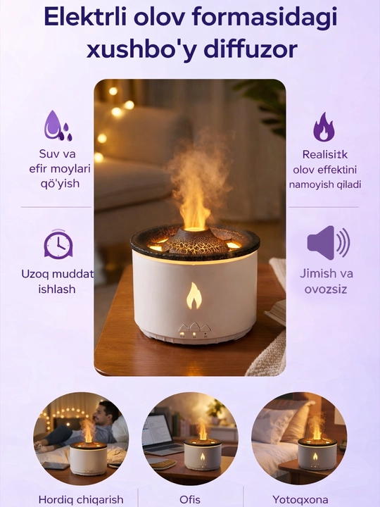 Aromadiffuzor “Vulkan” — havo namlagich yorug‘lik effektli