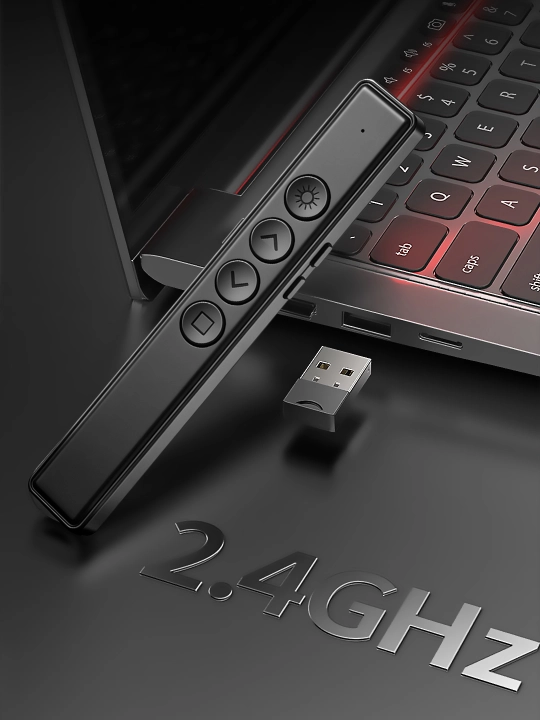 Simsiz kliker, prezenter, lazer ko‘rsatkichli pult, USB qabul qilgich va 100 metrgacha masofa