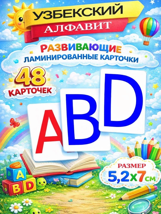 Карточки развивающие "Узбекский алфавит", 48 шт. карточки ламинированные - 