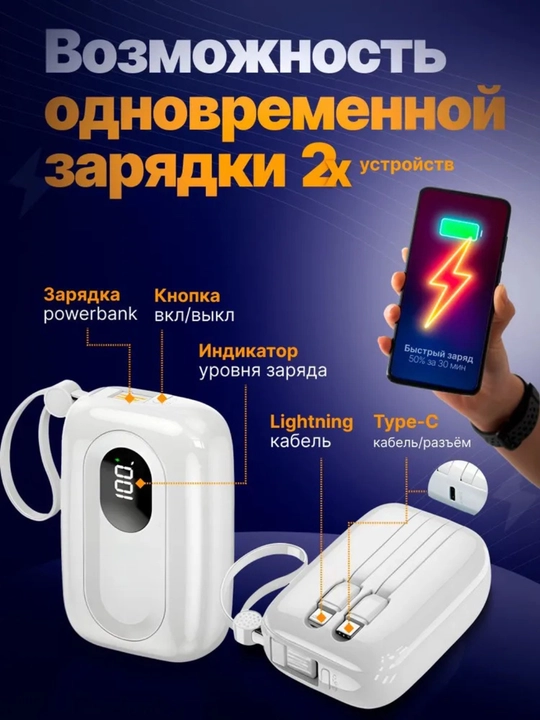 Mini PowerBank 10000 mAh 22.5W (Type-C + Lightning) – Белый / Розовый