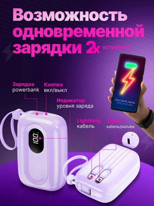 Mini PowerBank 10000 mAh 22.5W (Type-C + Lightning) – Белый / Розовый