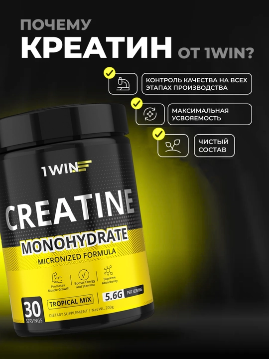 Креатин моногидрат 1WIN, микронизированный порошок, для набора мышечной массы, без добавок